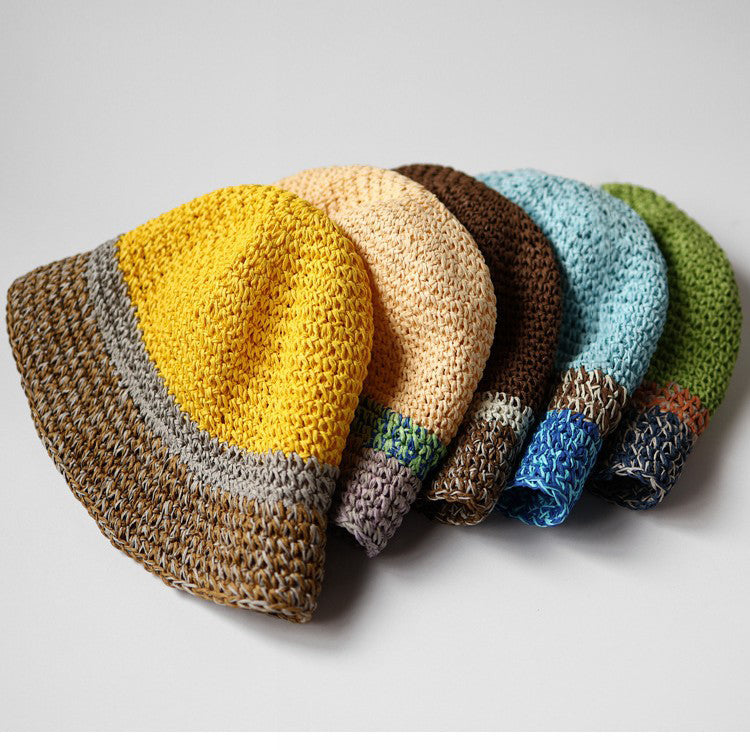 Pandaize カラーブロック 麦わら帽子 夏用 通気性 サンハット UVカット 折りたたみ式 バケットハット 男女兼用