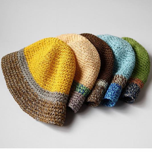 Pandaize カラーブロック 麦わら帽子 夏用 通気性 サンハット UVカット 折りたたみ式 バケットハット 男女兼用