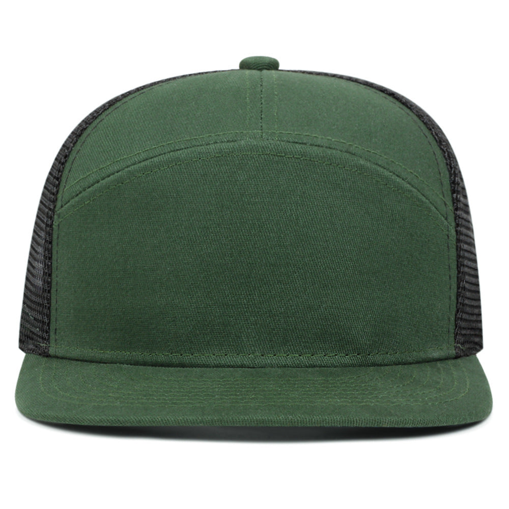 7-Panel Flat Brim Trucker Hat – Breathable Mesh Back, Lightweight Cotton Blend, Unisex Summer Outdoor Sun Protection Cap