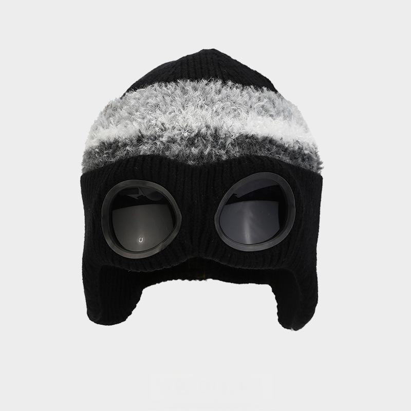 Pilot Goggles-Embellished Knitted Beanie for Unisex, Autumn Winter Warm Ski Hat, Trendy Versatile Cold-Protection Headwear