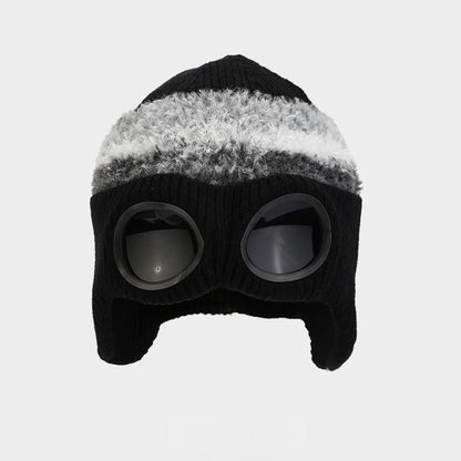 Pilot Goggles-Embellished Knitted Beanie for Unisex, Autumn Winter Warm Ski Hat, Trendy Versatile Cold-Protection Headwear