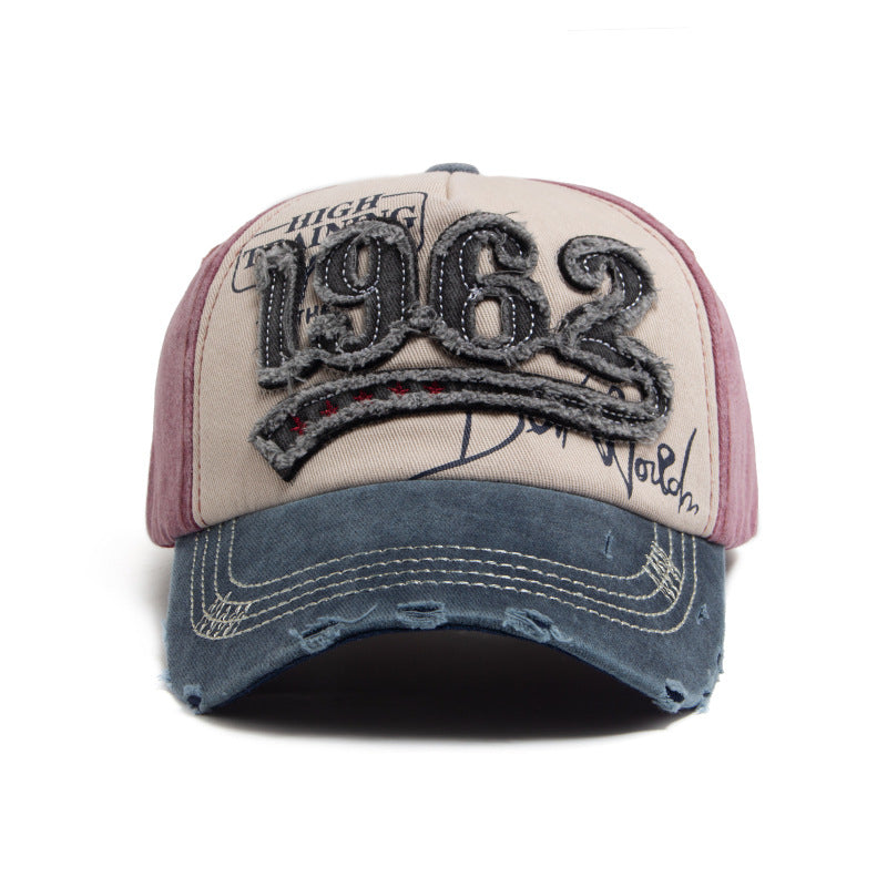 Vintage 1962 Distressed Baseball Cap - Washed Cotton Patchwork Hat with Embroidery and Adjustable Strap