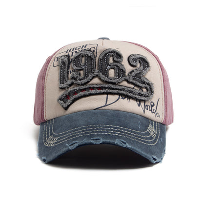 Vintage 1962 Distressed Baseball Cap - Washed Cotton Patchwork Hat with Embroidery and Adjustable Strap
