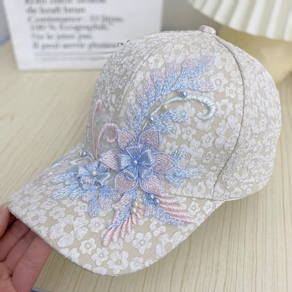 Floral Lace Baseball Cap - Sweet Embroidered Flower & Pearl Accent Hat for Women (Vintage Summer Style)