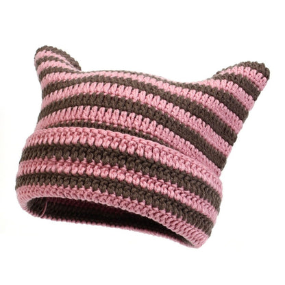 Hand-Knitted Striped Beanie - Colorblock Cotton Acrylic Blend Winter Hat - Stretchy Unisex Stocking Cap