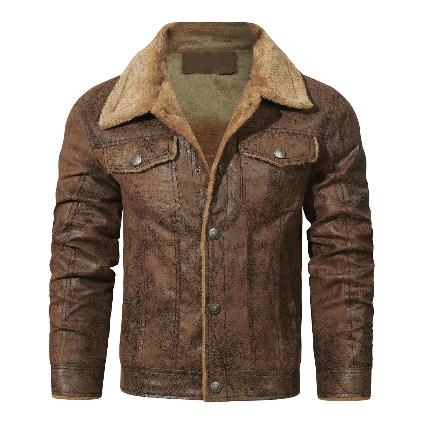Men's Warm Fleece PU Leather Jacket, Casual Lapel Faux Leather Jacket Coat For Fall Winter