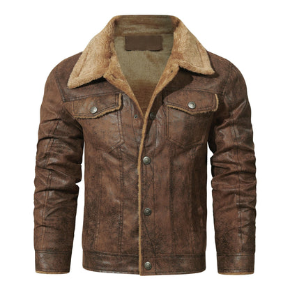 Men's Warm Fleece PU Leather Jacket, Casual Lapel Faux Leather Jacket Coat For Fall Winter