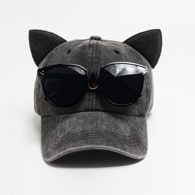 Vintage Cat Ear Baseball Cap -  Washed Distressed Cotton Hat with Sunglasses Holder