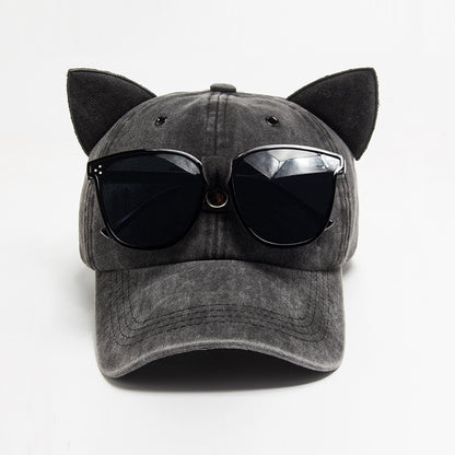 Vintage Cat Ear Baseball Cap -  Washed Distressed Cotton Hat with Sunglasses Holder