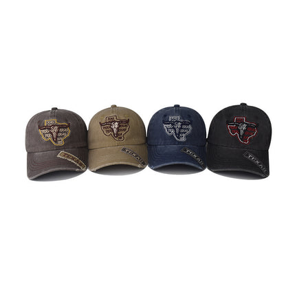 Retro Texas Longhorn Skull Embroidered Baseball Cap - Vintage Washed Cotton Hat