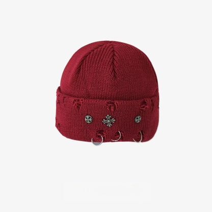 Vintage Cross Knit Beanie - Distressed Style, Punk Streetwear, Warm for Outdoor & Gatherings