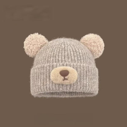 Women's Autumn Winter Knit Beanie with Bear Ears - Fleece Lined, Warm Close-Fit for Cold Days