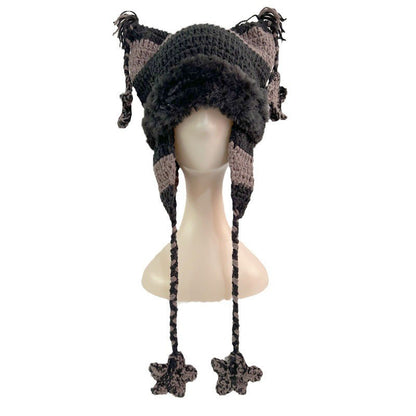 Hand-Crocheted Winter Beanie - Sweet Cat Ear Design with Star Ribbon, Wool & Cotton Blend for Warmth