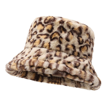 Leopard Print Bucket Hat - Plush Fisherman Beanie with Adjustable Fit for Cold Weather