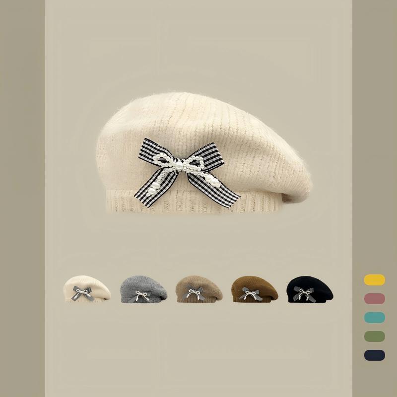 Vintage Knitted Bow Beret - Thickened Winter Hat for Cycling Skiing Outdoor Activities