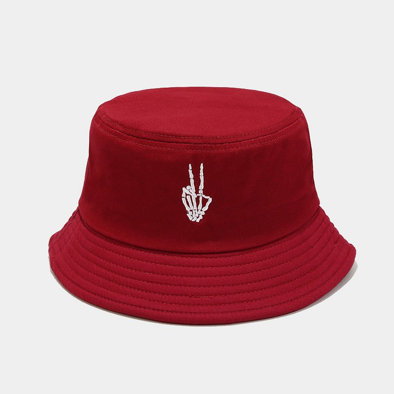 "Skull Finger Embroidered Bucket Hat - New European-American Style Fishing Hat for Cross-Border E-Commerce Trendsetters" Wine Red Hat - Size undefined