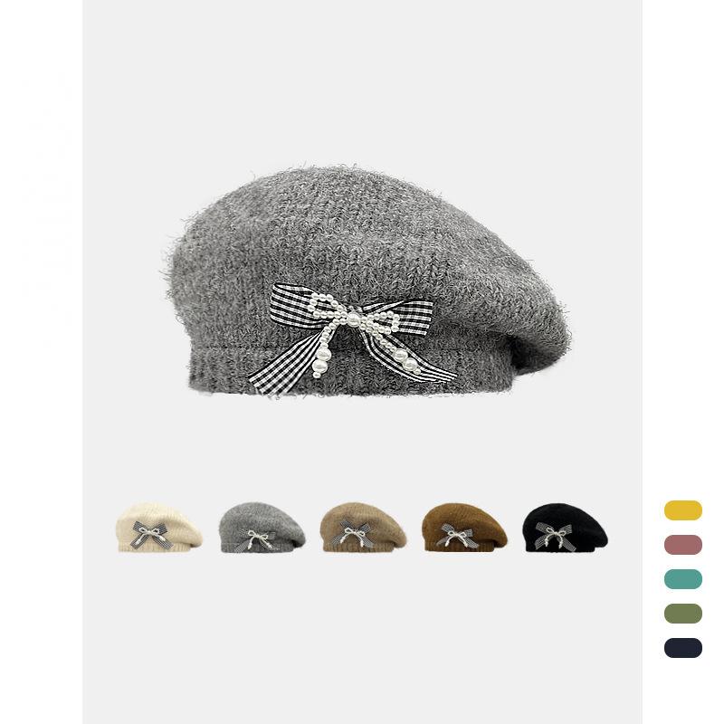 Vintage Knitted Bow Beret - Thickened Winter Hat for Cycling Skiing Outdoor Activities