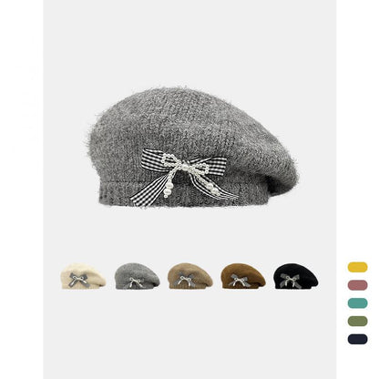 Vintage Knitted Bow Beret - Thickened Winter Hat for Cycling Skiing Outdoor Activities