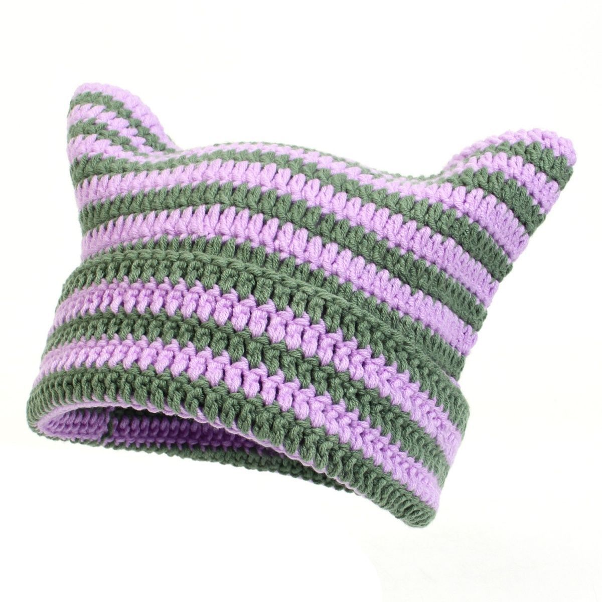 Hand-Knitted Striped Beanie - Colorblock Cotton Acrylic Blend Winter Hat - Stretchy Unisex Stocking Cap