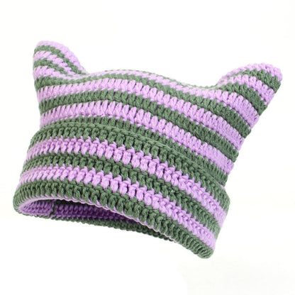 Hand-Knitted Striped Beanie - Colorblock Cotton Acrylic Blend Winter Hat - Stretchy Unisex Stocking Cap