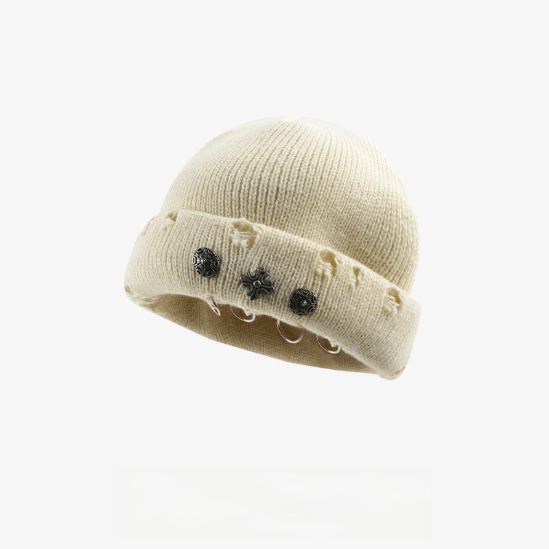 Vintage Cross Knit Beanie - Distressed Style, Punk Streetwear, Warm for Outdoor & Gatherings