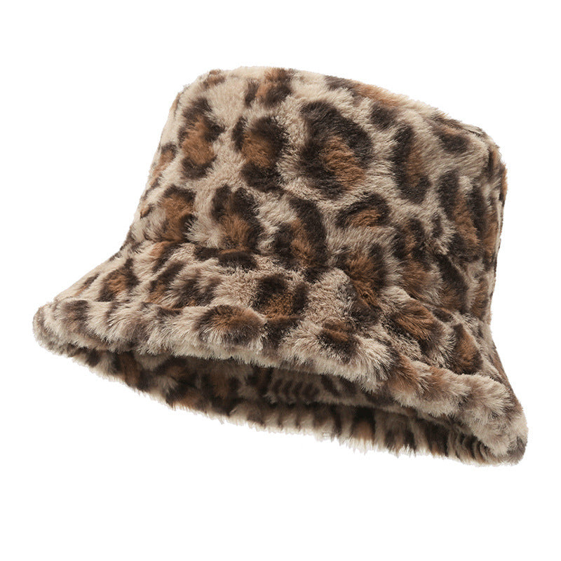 Leopard Print Bucket Hat - Plush Fisherman Beanie with Adjustable Fit for Cold Weather