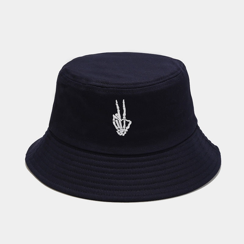 "Skull Finger Embroidered Bucket Hat - New European-American Style Fishing Hat for Cross-Border E-Commerce Trendsetters" Navy Blue Hat - Size undefined