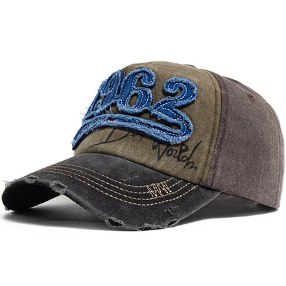 Vintage 1962 Distressed Baseball Cap - Washed Cotton Patchwork Hat with Embroidery and Adjustable Strap