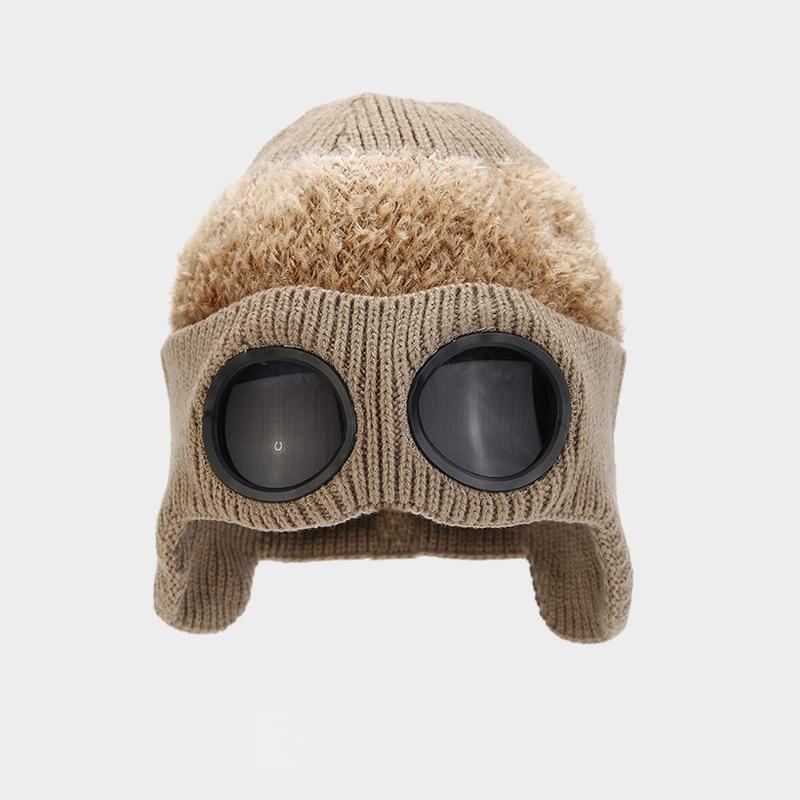 Pilot Goggles-Embellished Knitted Beanie for Unisex, Autumn Winter Warm Ski Hat, Trendy Versatile Cold-Protection Headwear