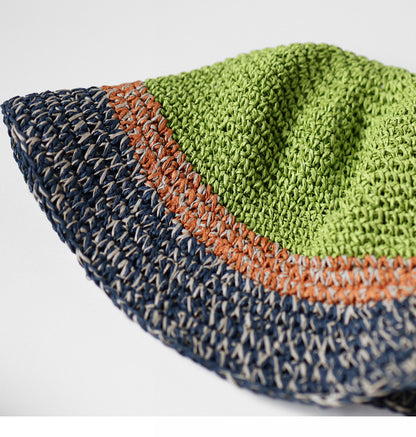 Pandaize カラーブロック 麦わら帽子 夏用 通気性 サンハット UVカット 折りたたみ式 バケットハット 男女兼用