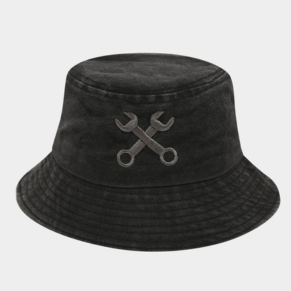 Creative Embroidered Bucket Hat - 'Fix Things' Mechanic Wrench Design, UV Protection, Breathable Outdoor Fisherman Hat