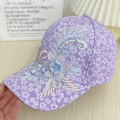 Floral Lace Baseball Cap - Sweet Embroidered Flower & Pearl Accent Hat for Women (Vintage Summer Style)