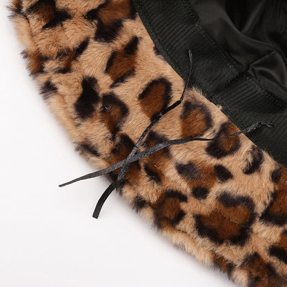 Leopard Print Bucket Hat - Plush Fisherman Beanie with Adjustable Fit for Cold Weather