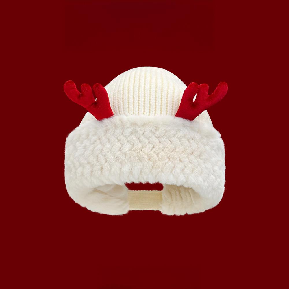 Winter Christmas Knit Beanie with Antlers - Faux Rabbit Fur, Wide Brim, Ear Warmers for Commute & Parties