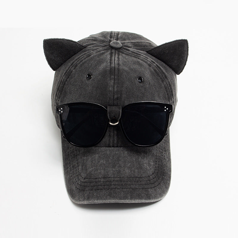 Vintage Cat Ear Baseball Cap -  Washed Distressed Cotton Hat with Sunglasses Holder