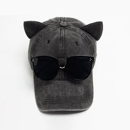Vintage Cat Ear Baseball Cap -  Washed Distressed Cotton Hat with Sunglasses Holder
