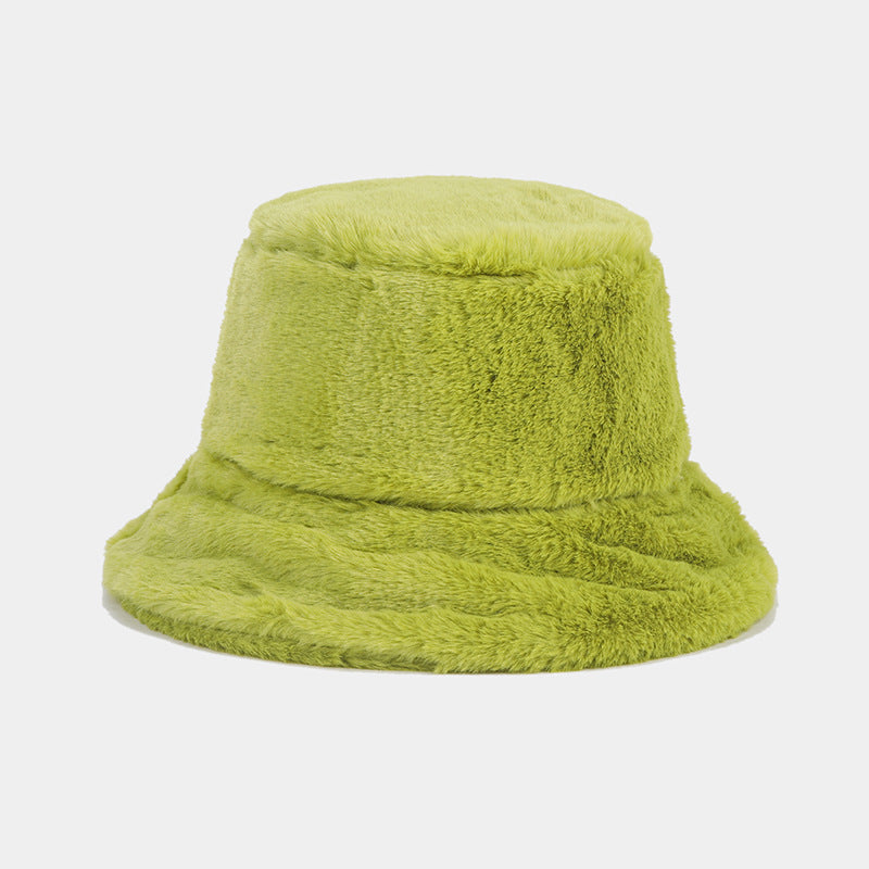 "Retro Chic Fleece Bucket Hat for Women: Cozy Style with a Touch of Japanese Influence, Perfect for Autumn and Winter Wardrobe" 黄绿色 Hat - Size undefined
