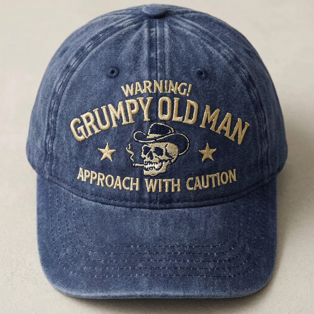 Grumpy Old Man Distressed Baseball Cap Warning Funny Embroidered Skull Hat