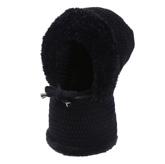 Knitted Hooded Neck Gaiter & Ear Warmer 2-in-1 - Fleece Lined, Drawstring, Windproof for Outdoor, Commute & Sports