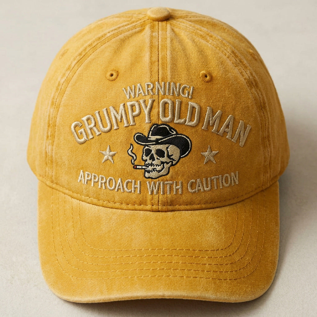 Grumpy Old Man Distressed Baseball Cap Warning Funny Embroidered Skull Hat