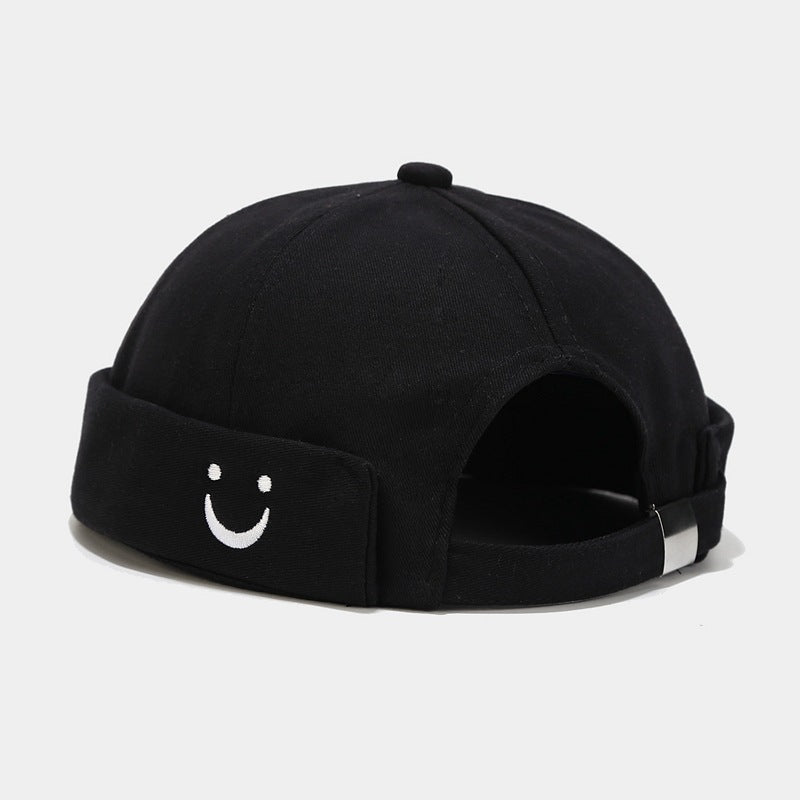 2024 New Minimalist U-Smile Face Embroidered Cotton Visor Hat - Unisex Trendy Label, Brimless Bucket Hat for Fashionable Hip Hop Style Black Hat - Size undefined