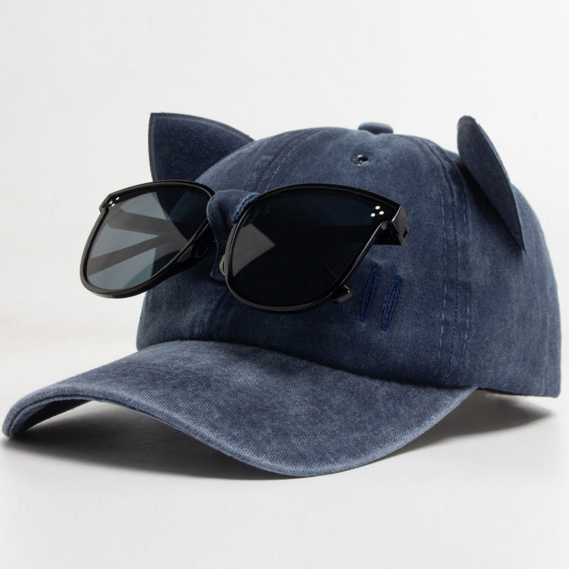 Vintage Cat Ear Baseball Cap -  Washed Distressed Cotton Hat with Sunglasses Holder