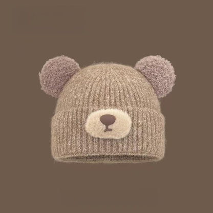 Women's Autumn Winter Knit Beanie with Bear Ears - Fleece Lined, Warm Close-Fit for Cold Days
