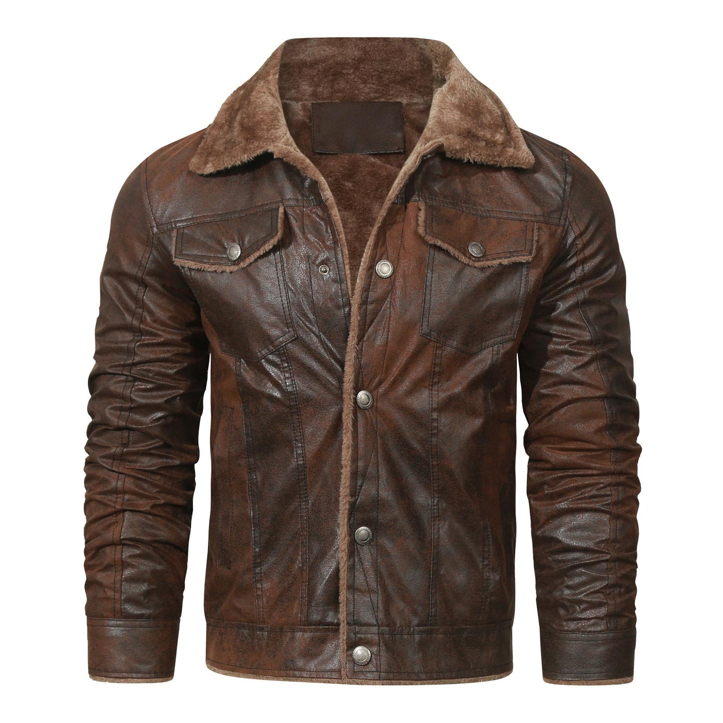 Men's Warm Fleece PU Leather Jacket, Casual Lapel Faux Leather Jacket Coat For Fall Winter