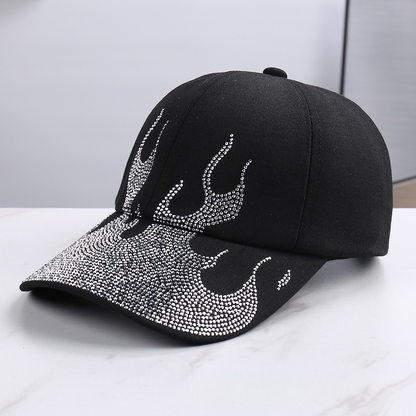 Rhinestone Flame Baseball Cap Bling Bling Fire Pattern Diamond Hat