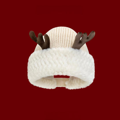 Winter Christmas Knit Beanie with Antlers - Faux Rabbit Fur, Wide Brim, Ear Warmers for Commute & Parties
