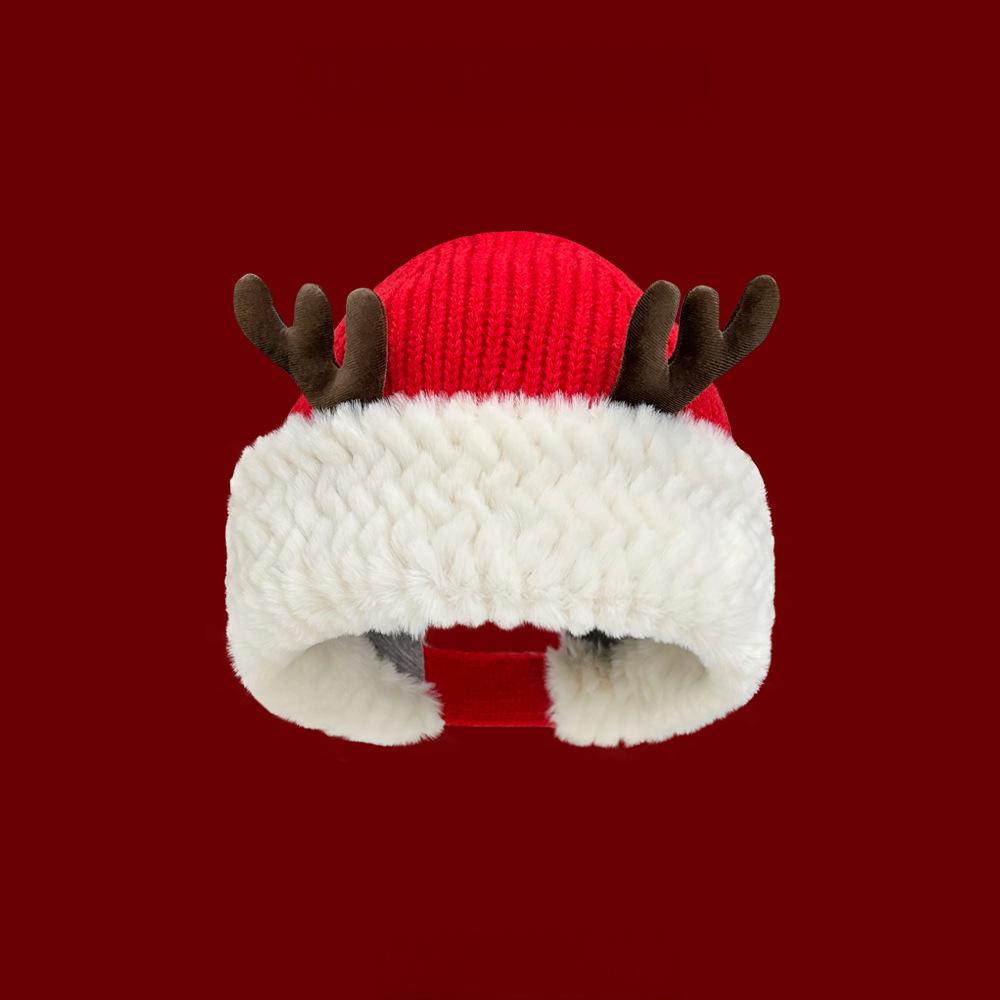 Winter Christmas Knit Beanie with Antlers - Faux Rabbit Fur, Wide Brim, Ear Warmers for Commute & Parties