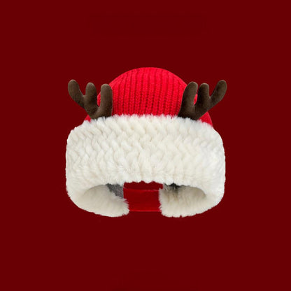 Winter Christmas Knit Beanie with Antlers - Faux Rabbit Fur, Wide Brim, Ear Warmers for Commute & Parties
