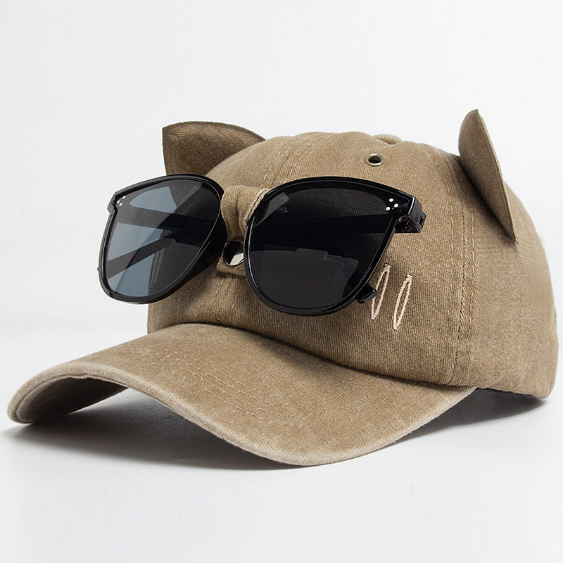 Vintage Cat Ear Baseball Cap -  Washed Distressed Cotton Hat with Sunglasses Holder