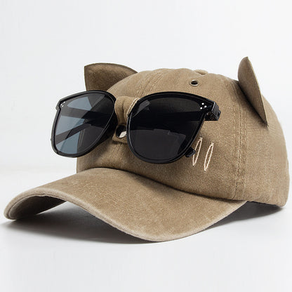 Vintage Cat Ear Baseball Cap -  Washed Distressed Cotton Hat with Sunglasses Holder